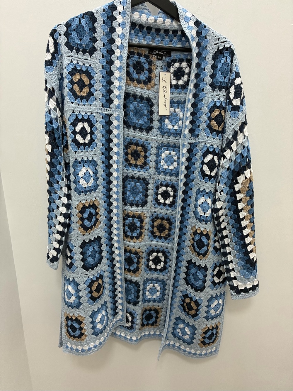 Blue Multi-Color Crochet Granny Square Open Cardigan